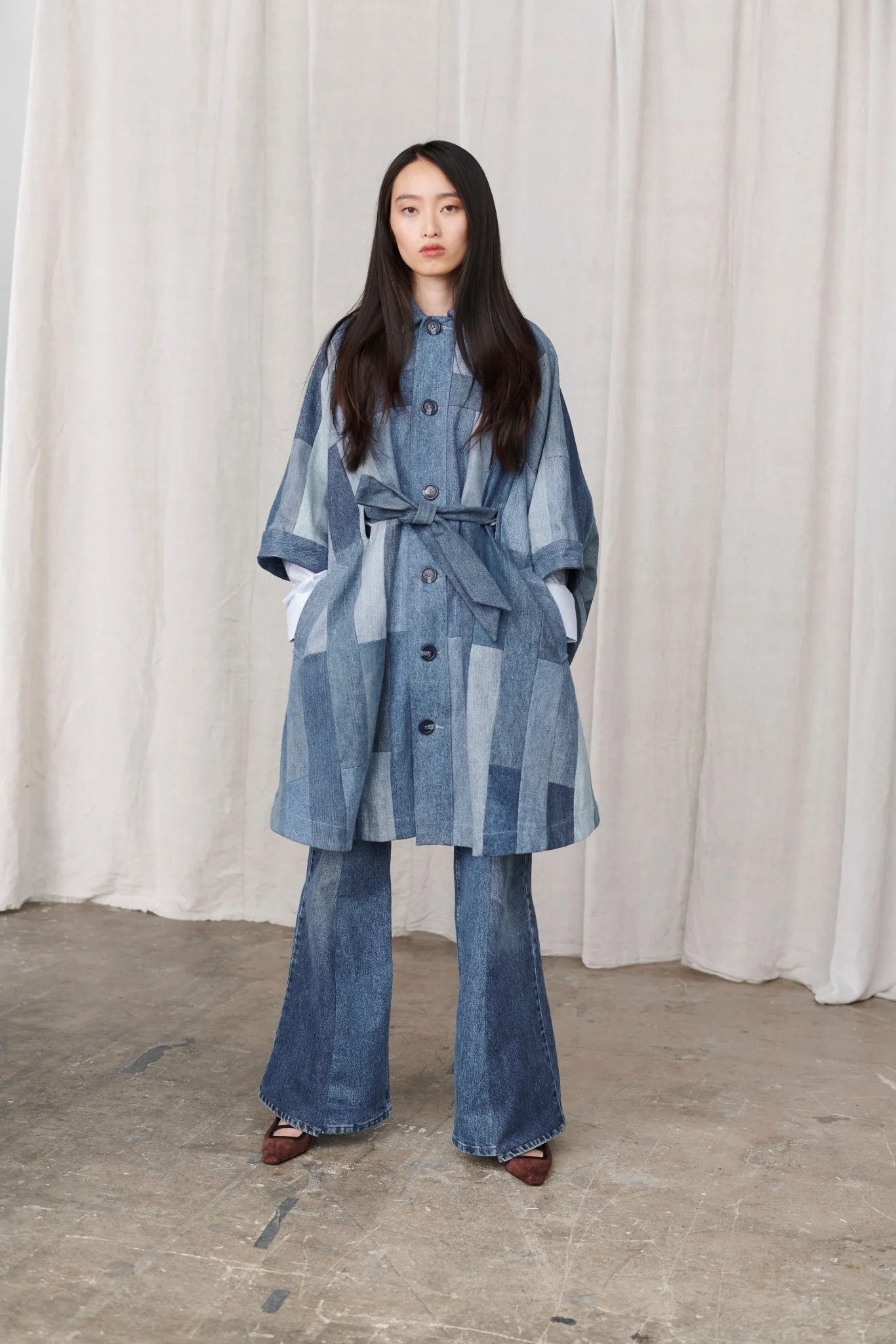 Celeste Coat Tessellated Patchwork Denim Mid Blue - Image 3
