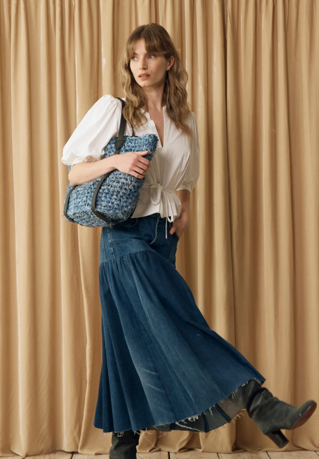 Denim Crochet Tote Bag Blue - Image 4